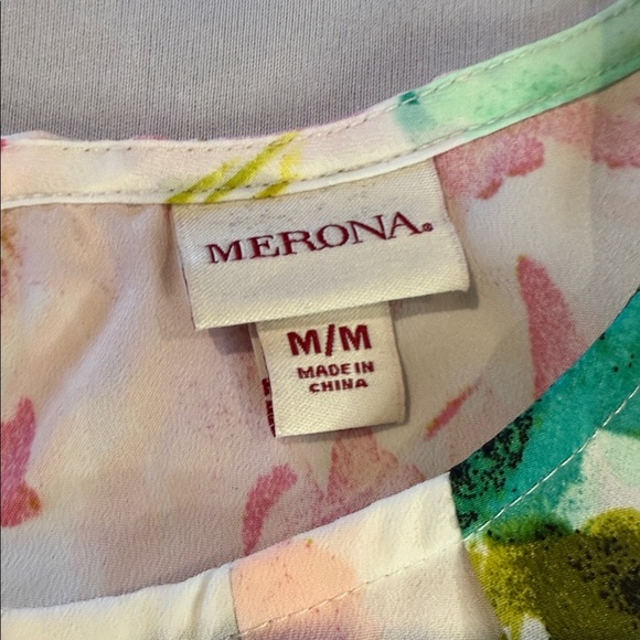 Merona blouse, floral pleated sleeveless - Pink, Green, Yellow, Women's Size M - Picture 9 of 10